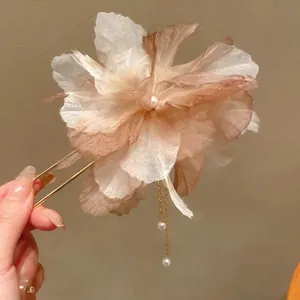 Elegant gradient fabric flower hair fork with pearl tassels for bun hairstyles decor