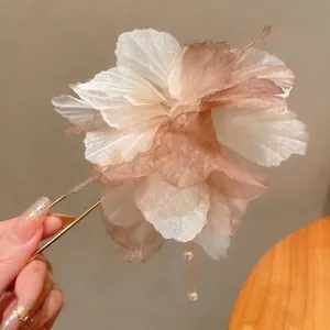 Vintage style fabric flower hairpin with delicate pearl tassels for elegant hairstyles