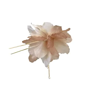 Elegant fabric flower hair fork with delicate pearl tassel in Mori style