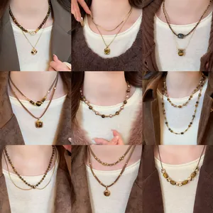 French Vintage Brown Round Tiger Eye Stone Pendant Necklace For Women Gold Plated Alloy Rhinestone Elegant Sweater Chain Jewelry
