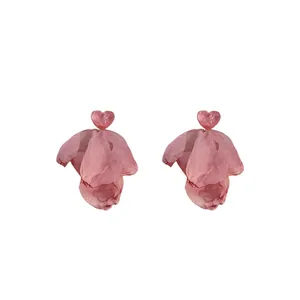 Elegant pink fabric heart petal drop earrings with 925 silver needle studs for women