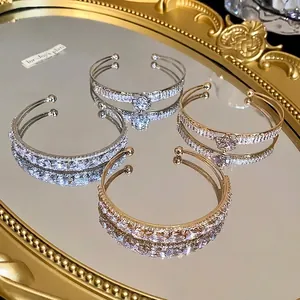 Luxury Fashion Zirconia Water Drop Double Layer Open Bangle European Personality Copper Zircon Bangle Bracelet For Women