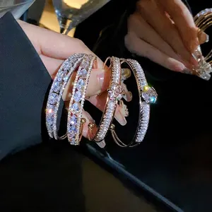 Luxurious high-end double-layer zircon water drop open bracelet with sparkling clear crystals