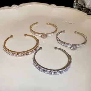 Elegant zircon water-drop double-layer open cuff bracelets for women in gold and silver