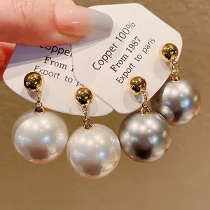Boucles d'Oreilles Clous Grandes Perles Artificielles Vintage Français en Cuivre Plaqué Or Avec Tige en Argent Sterling 925 pour Femme
