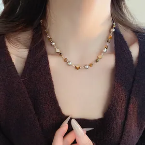 Vintage brown tiger eye stone beaded necklace for women with French elegant style