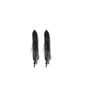 Elegant triangular rhinestone tassel drop earrings with silver pins for parties.
