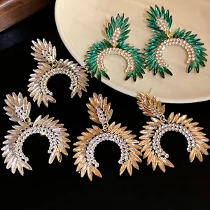 Luxury Alloy Rhinestone Drop Earrings For Women Gold Plated Geometric Round Rice Pendant Jewelry With Silver Earring Post