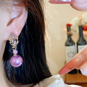 Elegant purple leaf pearl drop earrings with zircon embellishment