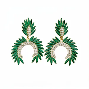 Elegant emerald green leaf drop earrings with sparkling rhinestones and gold plating.