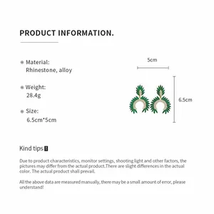 Product specification details including size, weight, and material for green rhinestone earrings