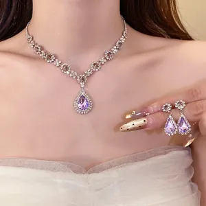 Alloy Rhinestone Waterdrop Pendant Necklace And Earrings Set For Women Fashion Jewelry Luxury Old Money Style Purple Silver