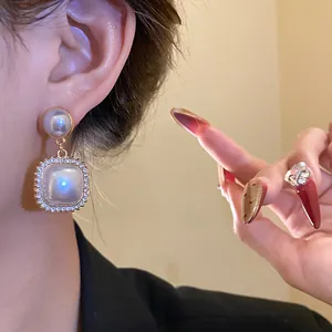 Dettaglio ravvicinato di eleganti orecchini a perno con bordo di strass indossati sull'orecchio