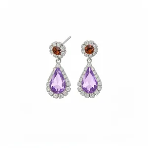 Elegant teardrop earrings featuring purple and brown gemstones with white crystal halo