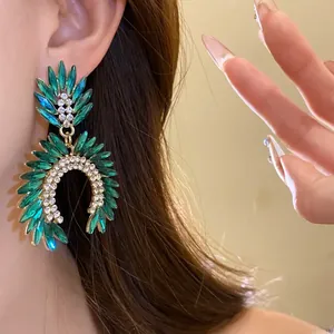 Luxurious green marquise crystal drop earrings with sparkling rhinestones for women