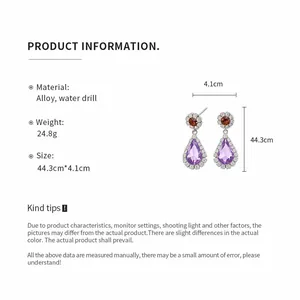 Detailed size and material info for elegant purple water drop rhinestone earrings