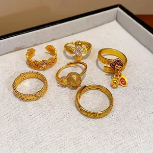 Vintage Gold Plated Copper Ring with Zirconia Inlay Gourd Flower Pattern Elegant Light Luxury Finger Jewelry for Women