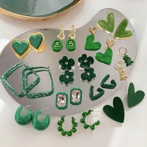 French Vintage Green Heart Stud Earrings For Women Alloy Rhinestone Enamel Earrings Retro 925 Sterling Silver Post Jewelry Gift
