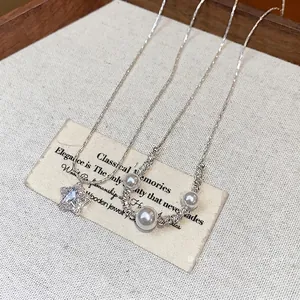 Elegant French style zircon star and pearl necklace set with silver-tone chain accessory