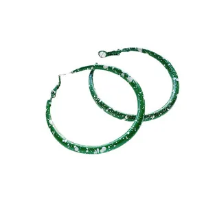 Retro vintage green hoop earrings with artistic white paint splatter pattern design