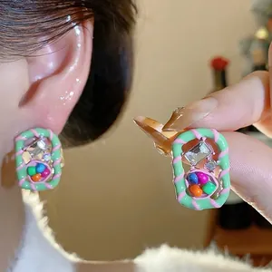 Dopamine Geometric Stud Earrings With 925 Sterling Silver Earring Post Alloy Rhinestone Pink Green Enamel Earrings For Women Jewelry