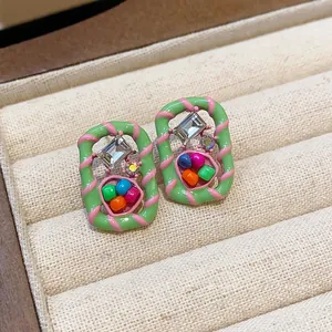 Colorful dopamine style geometric stud earrings with crystals and vibrant beads