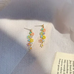 Korean Style Candy Color Flower Drop Earrings For Women Long Tassel Chain Stud Earrings With 925 Sterling Silver Post Rhinestone Inlaid Fashion Jewelry Gift
