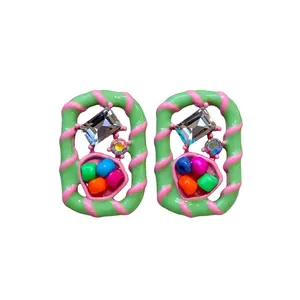 Vibrant dopamine-style geometric stud earrings with pink green spiral and gems