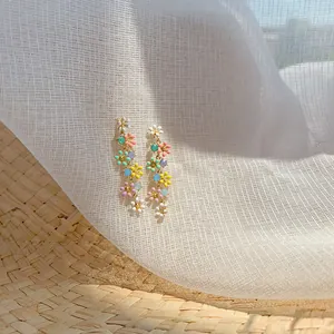 Elegant Korean style candy-colored enamel flower long chain earrings for women