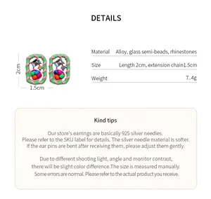 Detail view of colorful geometric earrings with size, weight, and material specifications.