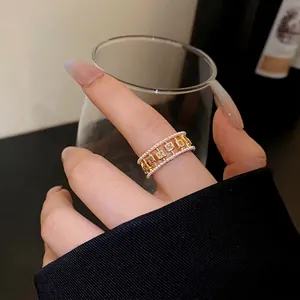 Vintage Square Hollow Zirconia Open Ring Gold Plated Copper Artificial Pearl Adjustable Index Finger Ring Luxurious Party Jewelry Women