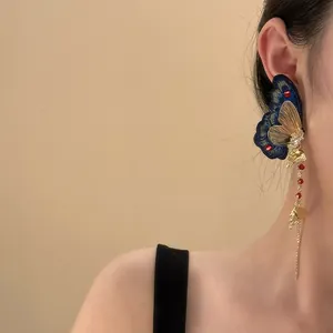 Exquisite embroidered blue butterfly tassel drop earring with sparkling rhinestones