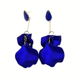 Elegant cobalt blue petal drop earrings with gold-tone studs for a vintage look.