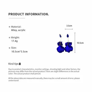 Detailed info for blue petal drop earrings showing 10.5cm length and alloy material