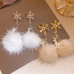 Lussuosi Orecchini a Bottone in Argento Sterling 925 Con Strass Fiocco di Neve Renna Palla di Peluche Pendenti per Donna Gioielli