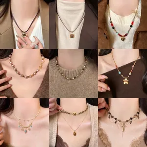 Vintage Tiger Eye Heart Pendant Necklace For Women Retro Brown Beaded Layered Clavicle Chain Light Luxury Fashion Jewelry