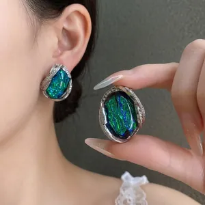 Orecchini a Bottone in Resina Ovale Geometrica Con Perno in Argento Sterling 925 Pavé di Strass Stile Vintage di Lusso Donna Gioielli