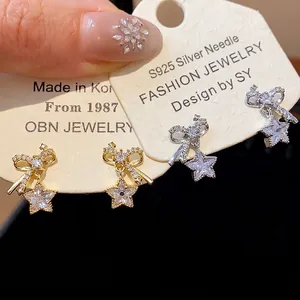 Pendientes de Botón con Lazo y Estrella para Mujer Poste de Plata de Ley 925 Circonia Incrustada Cobre Oro Plata Joyería