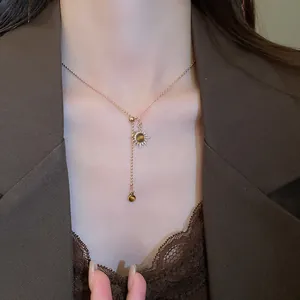 French vintage sun pendant necklace with tiger eye stone, elegant gold clavicle chain for women