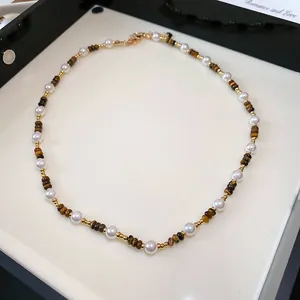 Retro Maillard style tiger eye and pearl necklace with golden stainless steel beads