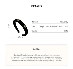 Product details of black velvet headband with golden bee charms and dimensions