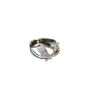 Elegant silver-plated geometric open ring featuring clear rectangular zircon stones.
