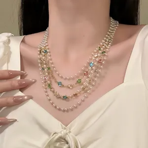 French Vintage Multilayer Artificial Pearl Necklace For Women Luxury Colorful Rhinestone Sweater Chain Elegant Fashion Jewelry Gift