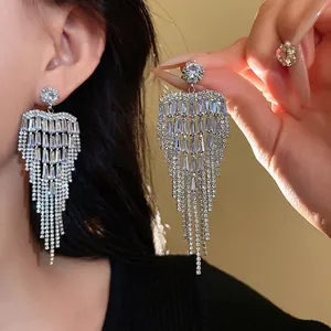 Luxury silver needle zircon heart-shaped long tassel drop earrings for banquet dress