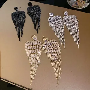 Elegant luxury long tassel fringe earrings with sparkling zircon stones for evening party wear