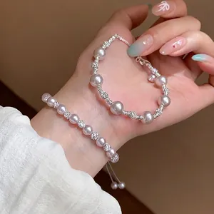 French Vintage Artificial Pearl Rhinestone Bracelet For Women Copper Gold Silver Plated Irregular Design Hand Chain Jewelry