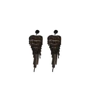 Elegant black heart-shaped long tassel earrings with sparkling crystals for formal occasions