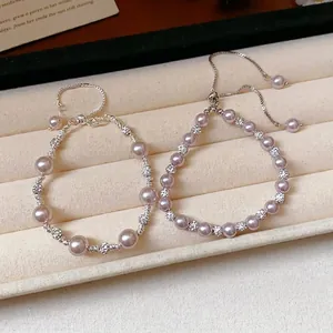 Elegant French style lavender pearl and zircon bracelet with adjustable silver chain
