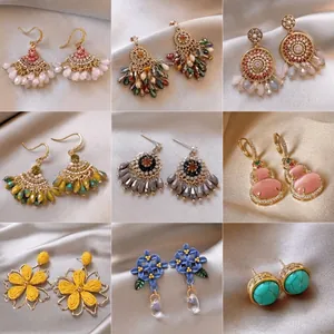 Bohemian Fan-Shaped Artificial Crystal Tassel Drop Earrings For Women Gold Plated Ethnic Style Rhinestone Dangle Earrings