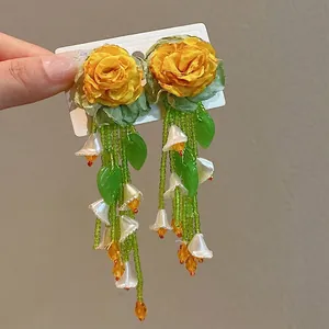 Vintage Forest Style Fabric Rose Flower Tassel Drop Earrings With S925 Sterling Silver Post Sweet Handmade Korean Jewelry For Women